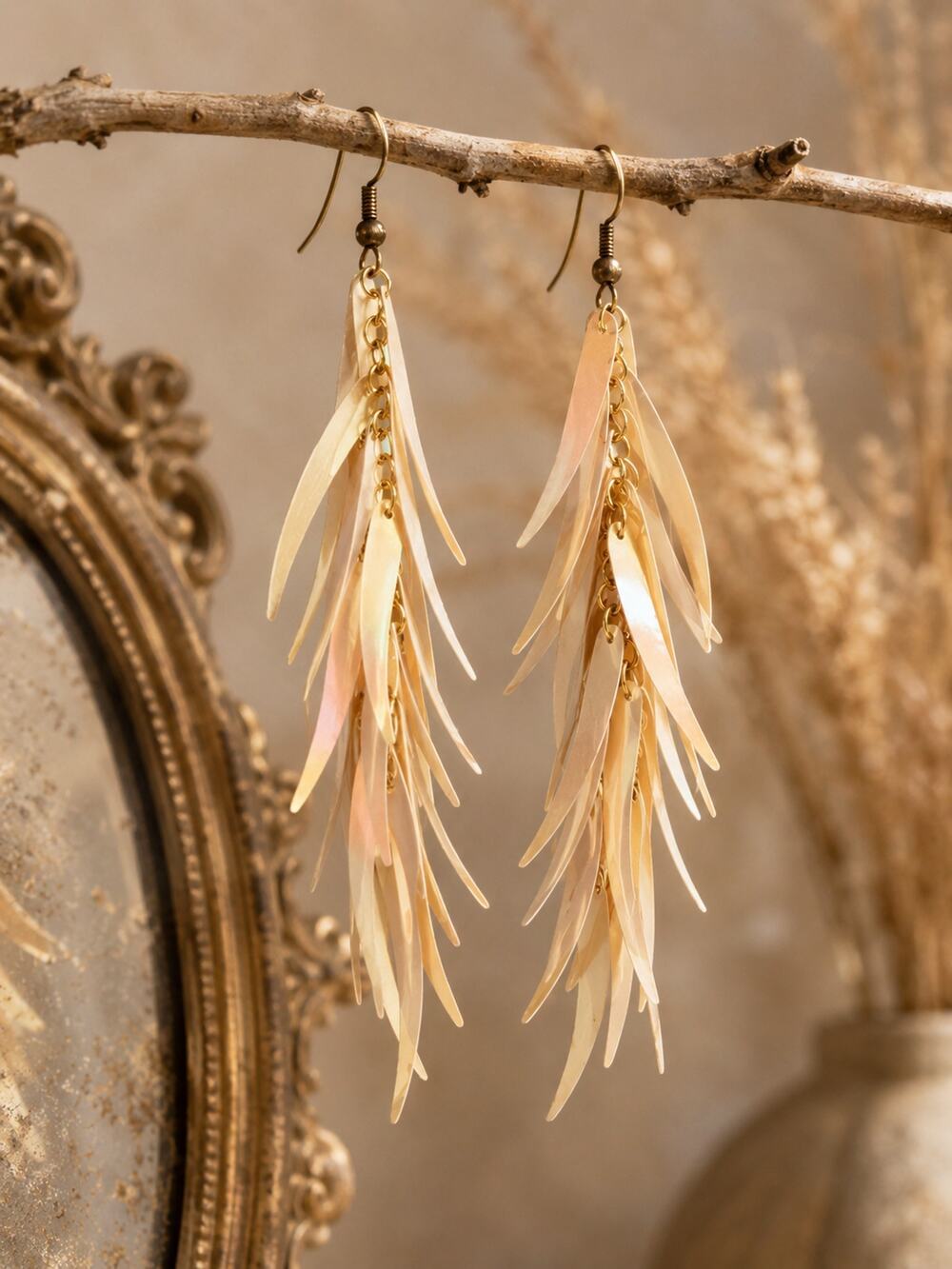 Vintage Champagne Fringe Dangle Earrings Palm Frond Statement Boho